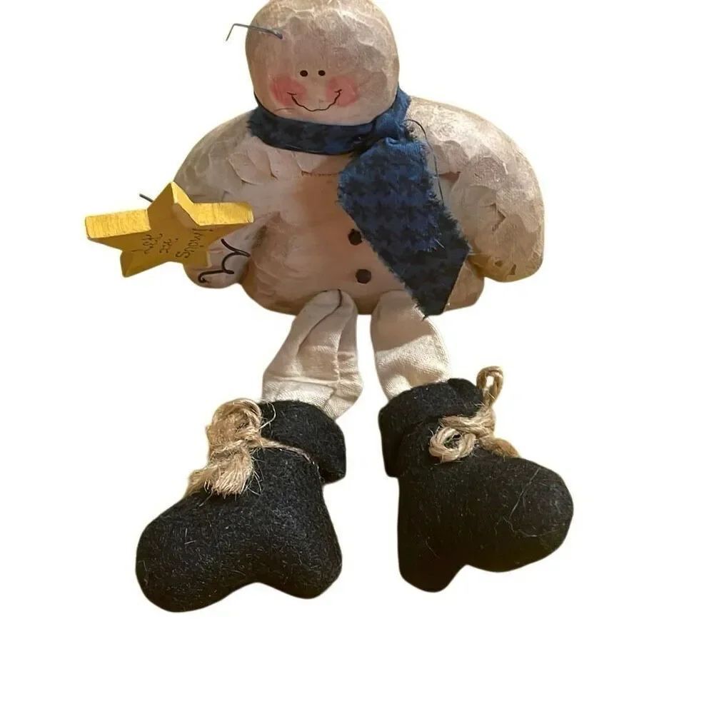 Vintage Wooden Snowman Shelf Sitter Christmas Holiday Ornament 7” Handmade